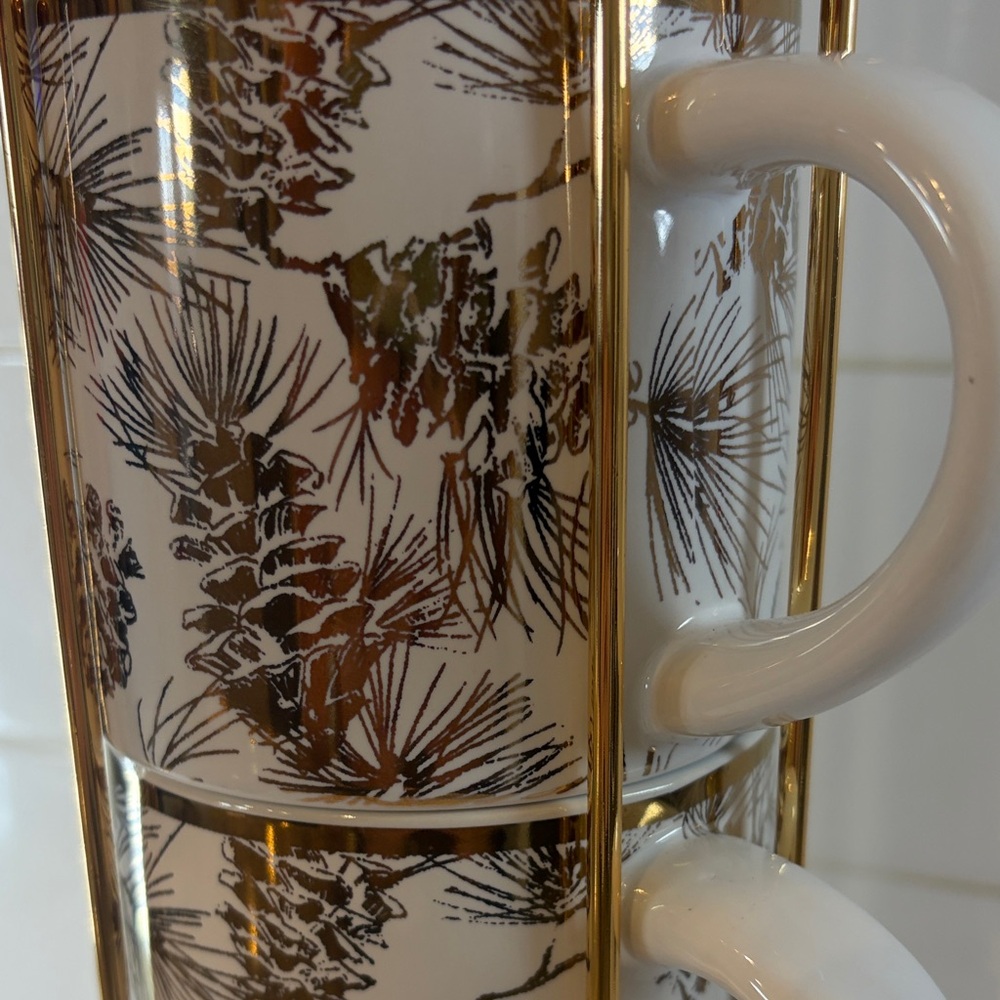 Williams-Sonoma Gold and White Botanical Mug Set with Stand - Picture 3 of 3